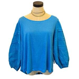 NWT CHICO'S Blue Linen Textured Sleeve Top Shirt Women size L NWT